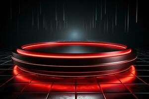 Ai Generated photo red light round podium and black background for mock up realistic image