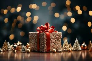 Ai Generative Background of christmas tree and red gift box on a christmas empty background with copy space photo