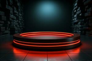 Ai Generated photo red light round podium and black background for mock up realistic image