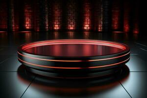 Ai Generated photo red light round podium and black background for mock up realistic image