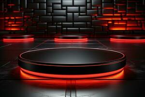 Ai Generated photo red light round podium and black background for mock up realistic image