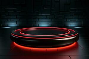 Ai Generated photo red light round podium and black background for mock up realistic image