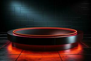 Ai Generated photo red light round podium and black background for mock up realistic image