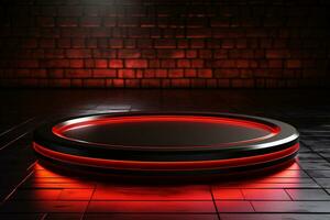 Ai Generated photo red light round podium and black background for mock up realistic image