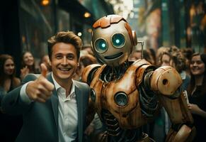 ai generativo hombre en un traje y Corbata es tomando un selfie con un robot foto