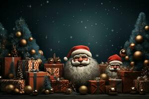 Ai Generative Christmas banner with copy space for text, santa claus celebrate with giftboxes, fir tree branches and red ornaments, dark color background photo