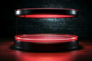 Ai Generated photo red light round podium and black background for mock up realistic image