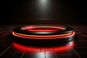 Ai Generated photo red light round podium and black background for mock up realistic image