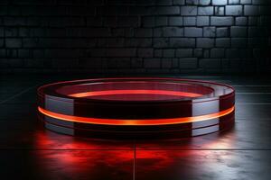 Ai Generated photo red light round podium and black background for mock up realistic image