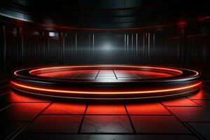 Ai Generated photo red light round podium and black background for mock up realistic image