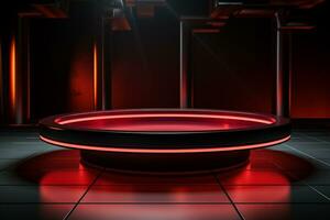 Ai Generated photo red light round podium and black background for mock up realistic image