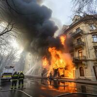 bomberos extinguir fuego en casa. - ai generado foto