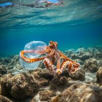 Octopus Underwater  Plastic Bags on Tentacle - AI generated photo