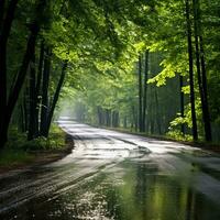 Road in Autumn Forest  Paved with Puddles, Trees, Yellow Leaves - AI generated photo