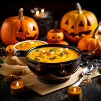 calabaza sopa con puré Víspera de Todos los Santos - ai generado foto