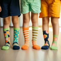 Three children stand in different socks, we can't see their faces. We only see colorful socks, each wearing different ones. It's a day to talk about Down syndrome. - AI generated photo