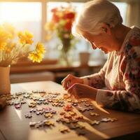 Elderly woman solving puzzle - AI generated photo