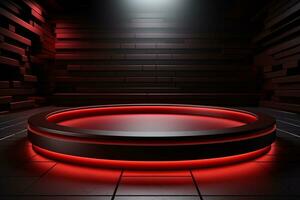 Ai Generated photo red light round podium and black background for mock up realistic image