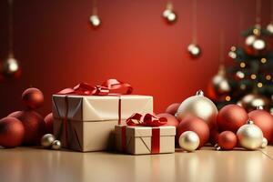 Ai Generative Background of christmas tree and red gift box on a christmas empty background with copy space photo