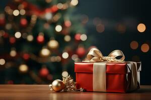 Ai Generative Background of christmas tree and red gift box on a christmas empty background with copy space photo