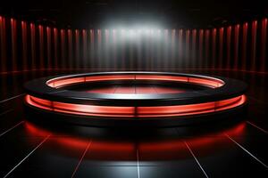 Ai Generated photo red light round podium and black background for mock up realistic image