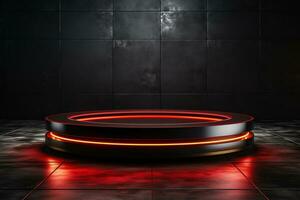 Ai Generated photo red light round podium and black background for mock up realistic image