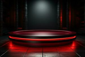 Ai Generated photo red light round podium and black background for mock up realistic image