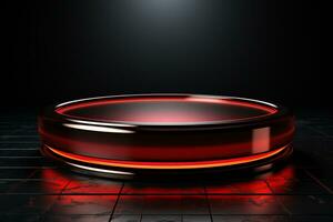 Ai Generated photo red light round podium and black background for mock up realistic image