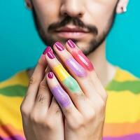 joven hombre con multicolor uñas - ai generado foto