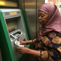 musulmán mujer retirarse dinero - ai generado foto