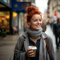 Pelirrojo mujer sorbos café en Berlina, saludar Taxi - ai generado foto