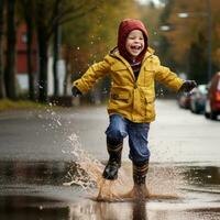 Happy Child Splashing in Puddles - AI generated photo