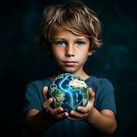 Young boy cradles Earth - AI generated photo