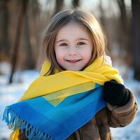 orgulloso ucranio niña con bandera - ai generado foto