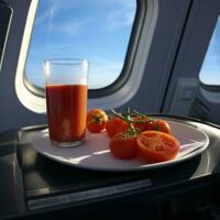 Tomato juice and tomatoes on airplane tray - AI generated photo