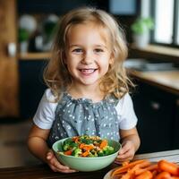 cansado rubia niña promueve sano comiendo - ai generado foto