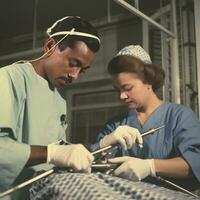 diverso Pareja de doctores hacer cirugía - retro estilo - ai generado foto