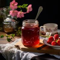 Rustic honey jar with flowers and strawberries - AI generated photo