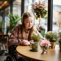 alegre niña con abajo síndrome - ai generado foto