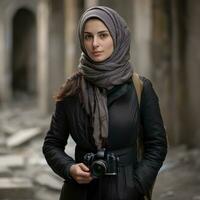 Syrian woman photographer capturing life - AI generated photo