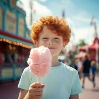 alegre chico complacer en algodón caramelo - ai generado foto