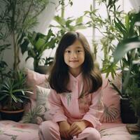 Young Chinese Girl in Gray Room with Plants - AI generated photo