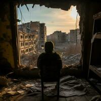 hombre en felpa silla, roto ventana - ai generado foto