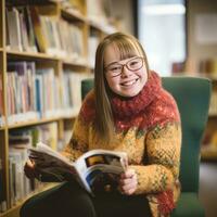 joven niña leyendo libro - ai generado foto