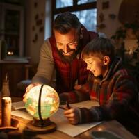 padre y hijo estudiando geografía - ai generado foto