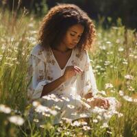 African american girl picking flowers - AI generated photo