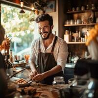 Smiling barista pouring cocoa - AI generated photo