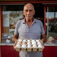 Español hombre de venta huevos - ai generado foto