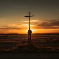 Man at crossroads sunset - AI generated photo