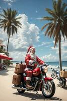 Navidad gráficos Papa Noel claus en un motocicleta en un tropical playa foto